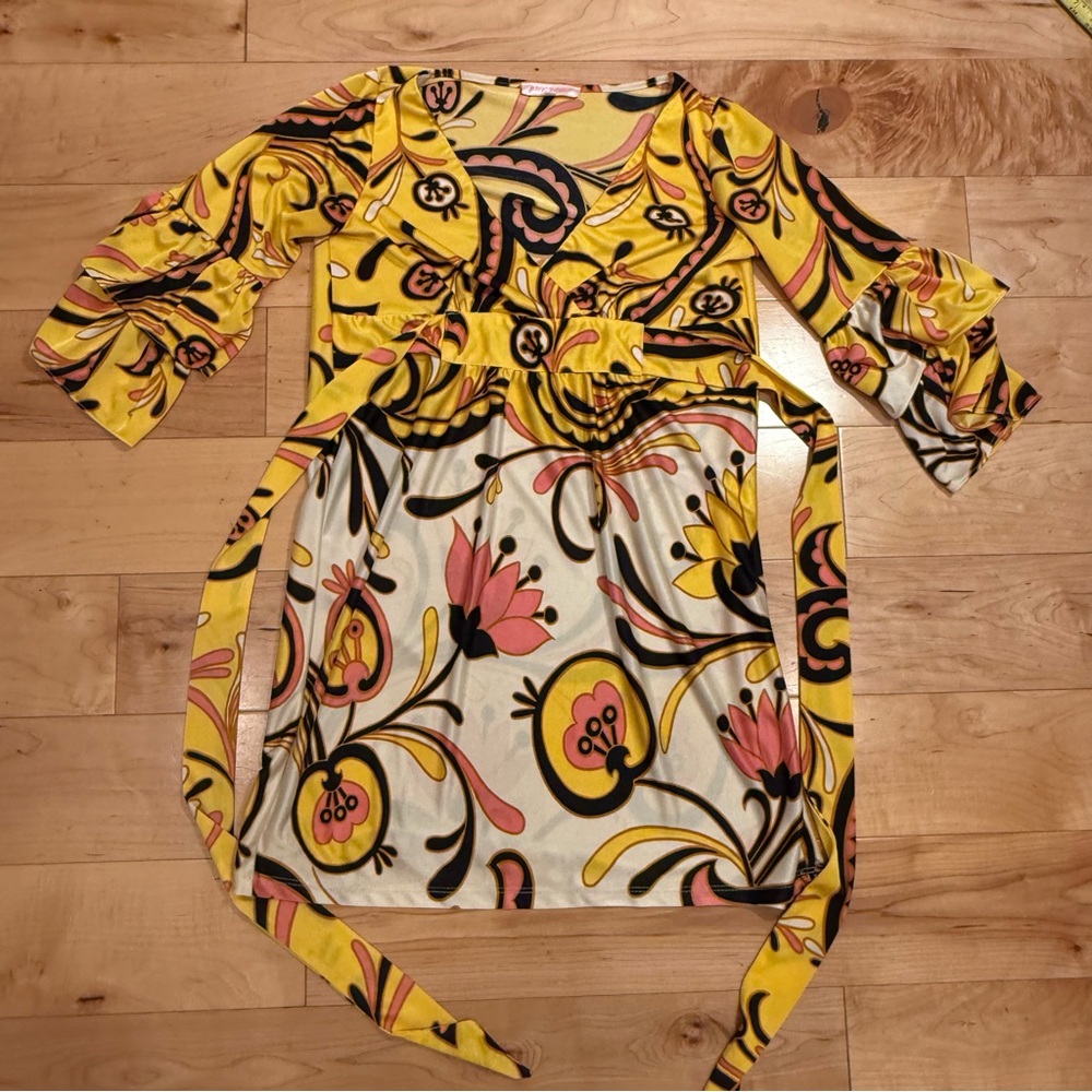 Betsey Johnson Yellow Dress with Pink and Black Floral Accents